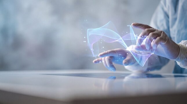 Futuristic interfaces, hands reach out to engage with a vibrant holographic interface in focus