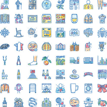 Collection of hand drawn line art icons featuring diverse subjects like education, food, science, technology, architecture, and daily objects, presented in a playful sketch style