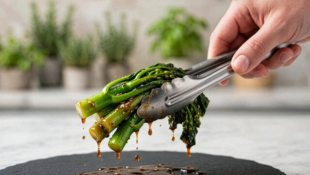 A person uses metal tongs to hold dripping stir-fried broccolini coated in a savory dark sauce, showcasing a fresh and healthy vegan Asian meal.