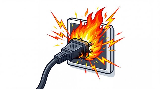 Burning electrical plug overheating inside wall socket causing dangerous fire sparks isolated on white background