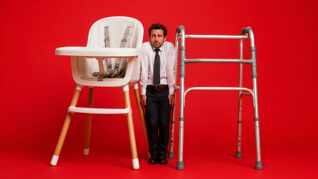 Adult man trapped between an oversized high chair and an adult walker representing the sandwich generation