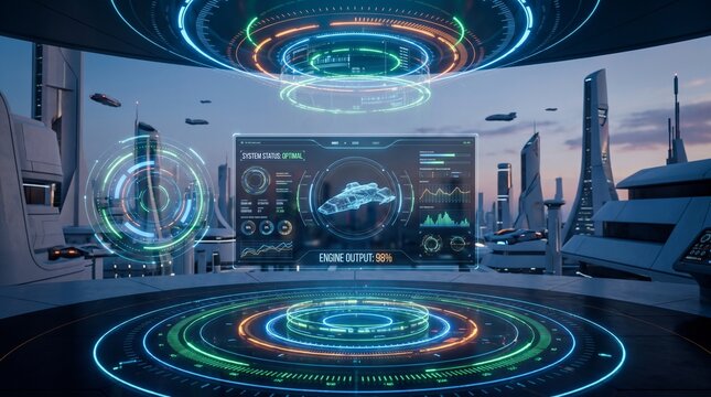 Futuristic Spaceship Cockpit Interface with Holographic HUD Dashboard and Sci Fi City Skyline
