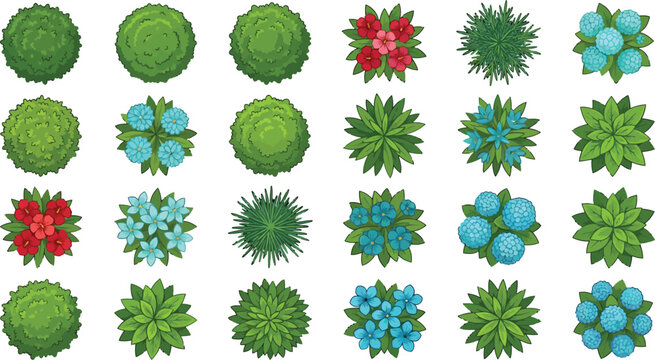 Top view garden plants and flowering bushes set for landscape design architectural site plan vector illustration