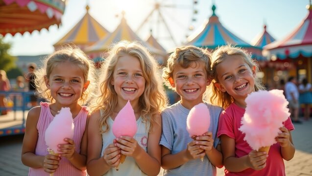 Happy children eating colorful cotton candy at summer carnival, smiling friends outdoors, fun fair lifestyle, sunny vacation mood	