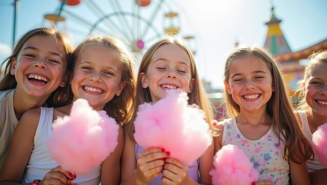Happy children eating colorful cotton candy at summer carnival, smiling friends outdoors, fun fair lifestyle, sunny vacation mood	