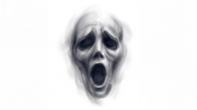 Haunted ghostly screaming face portrait captured with artistic pencil strokes isolated deeply on white background
