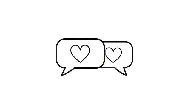 Line art of two speech bubbles with hearts inside, representing love messages or communication, simple vector icon.