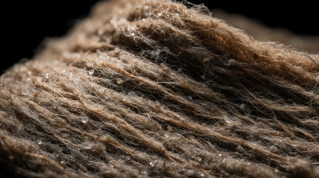 Macro view of brown mineral wool insulation. Fine fibers create textured surface with small clear crystals scattered throughout. Dark background highlights detail. Ideal for construction material
