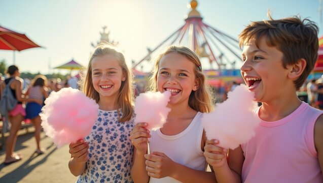 Happy children eating colorful cotton candy at summer carnival, smiling friends outdoors, fun fair lifestyle, sunny vacation mood	