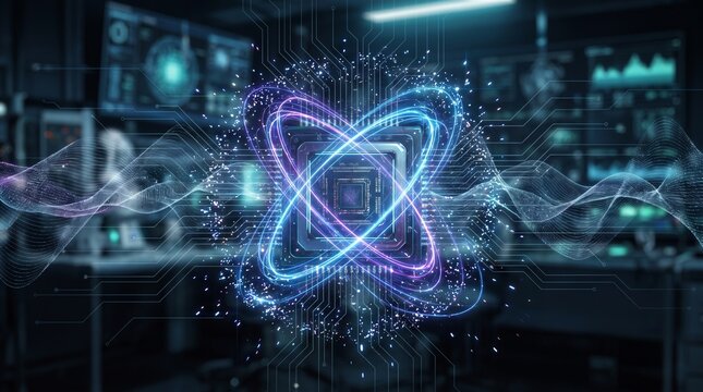 Quantum Computing Processor Visualization with Glowing Energy Rings and Data Particles