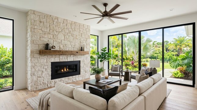 Comfortable home interior design with large windows, garden views, and a ceiling fan.