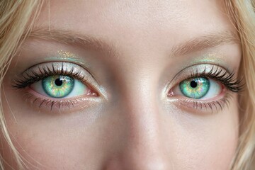 Fototapeta premium Ethereal Gaze. Vibrant green iris with shimmering patina blue eyeshadow, artistic makeup look for high-end cosmetic beauty editorial and skincare advertising campaigns