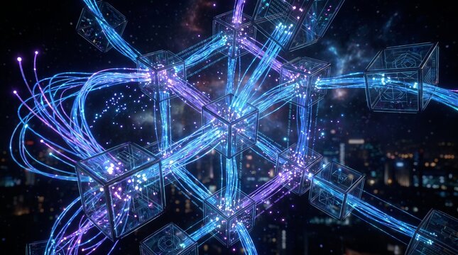 Glowing Blockchain Cube Network Technology Visualization Over Futuristic City Night