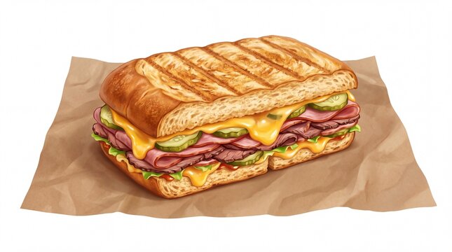 Delicious toasted panini sandwich filled with melted cheese ham and pickles served on white background