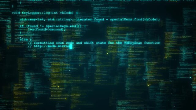 Layered programming code glows in teal and yellow across a display. Suitable for software development, coding tutorials, data systems, 19 intros, computer research, and futuristic backgrounds.