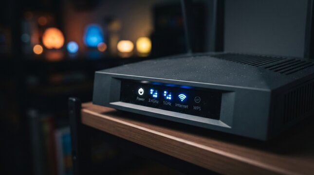 Dark Wi-Fi router box showing glowing blue indicator LED lights for internet, connection, power, and signal strength on a desk setup.