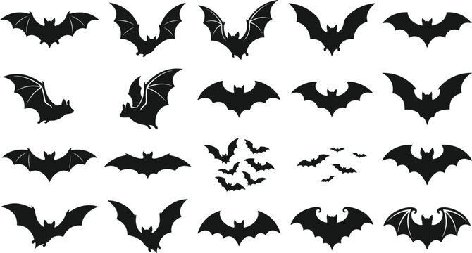 Large Vector Collection of Spooky Bat Silhouettes Comparing Various Flying Stances and Flapping Wings for Halloween Logo Branding