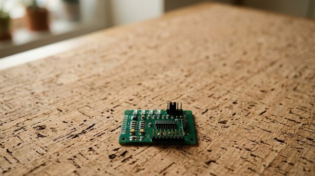 Small circuit board on cork surface in natural light