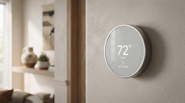 A round digital smart thermostat mounted on a modern neutral wall displaying a indoor temperature reading of 72 degrees.