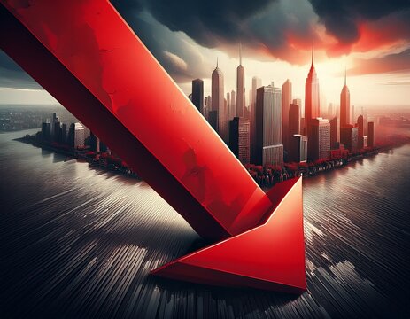 dramatic red downward trend arrow leading towards gloomy cityscape symbolizing economic recession and financial crisis