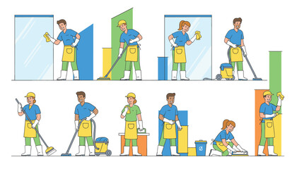 Fototapeta premium Group of professional cleaning staff in uniforms performing various cleaning tasks like mopping and wiping glass surfaces.