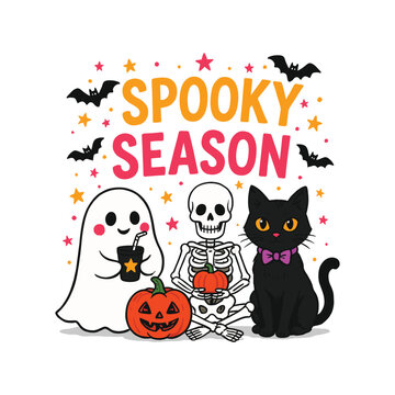 Cute Ghost, Skeleton, and Black Cat with Pumpkin Spooky Season T Shirt Design Illustration