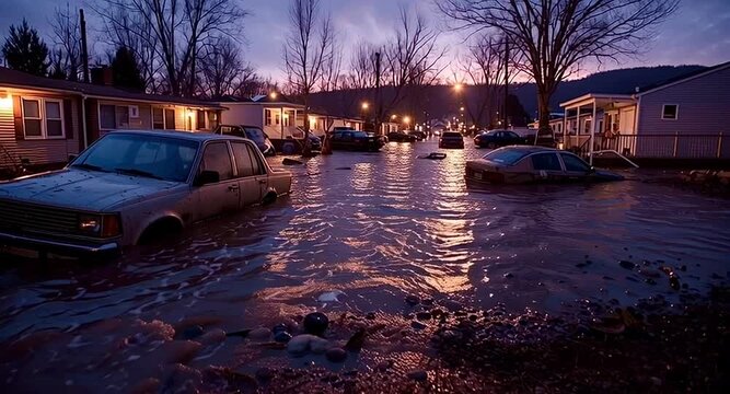 Muddy floodwaters flowing through a residential street at dusk, submerging cars and homes after a natural disaster. The aftermath of a severe storm highlights the dramatic effects of climate change