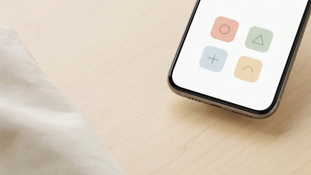 Minimalist smartphone display featuring pastel app icons on light wooden surface with smartphone screen