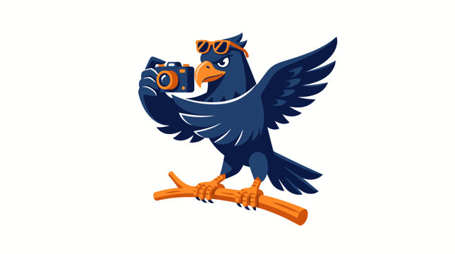 Cool Eagle Bird Photographer Character Mascot Vector Illustration Holding Professional Camera While Sitting on a Tree Branch