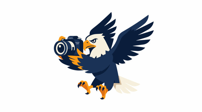 Eagle photographer mascot taking picture with camera cartoon vector illustration isolated on white background