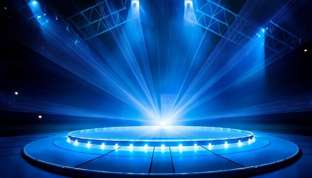 brightly lit circular stage with blue led lights and spotlight illumination