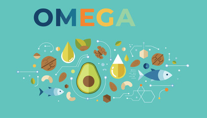 Fototapeta premium Omega nutrition concept featuring a healthy selection of fish, avocado, almonds, and nuts against a soft blue background for wellness.