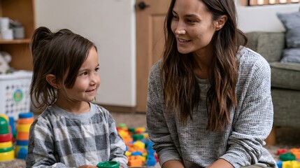 Obraz premium A woman and a young girl sitting on the floor surrounded by colorful building blocks smiling at each other during playtime