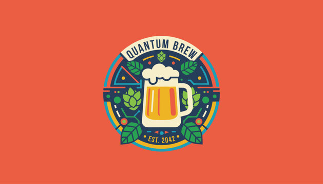 Quantum brew beer logo badge with a glass of frothy ale surrounded by hop leaves and modern geometric circuit patterns.