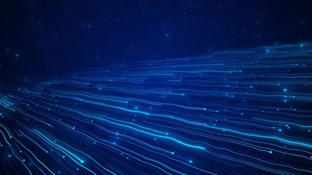 Blue luminous data lines sweep across a deep digital field with glowing particles and flowing wave motion. Suitable for 19 intros, network visuals, communication themes, analytics, and videos.