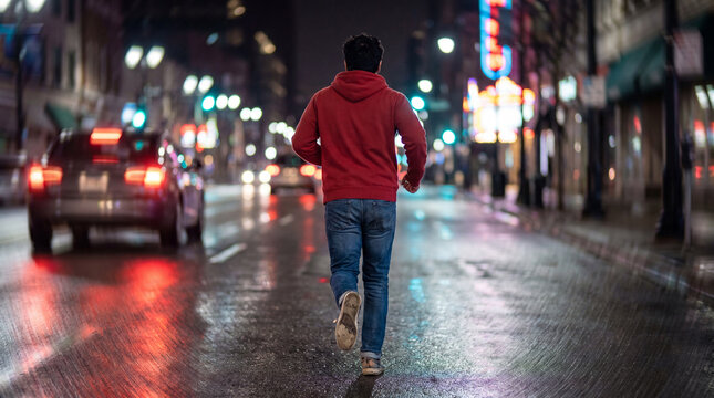 A man runs along the roadway in the city in the evening