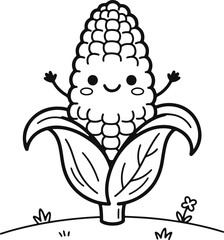Obraz premium Cute Smiling Corn on the Cob Coloring Page for Kids Black and White Kawaii Vegetable Line Art