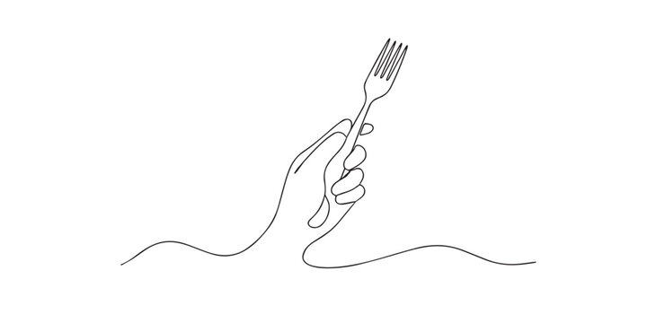 Single line hand holding fork. Continuous line drawing of a hand gripping a dining fork. Suitable for meals, restaurants and food service. One line vector illustration.