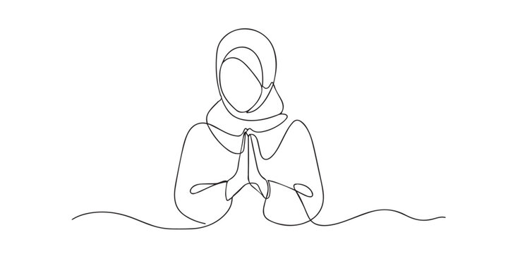 Single line hijab woman. Continuous line drawing of a woman in hijab making an apologetic hand gesture. Expresses kindness and respect. One line vector illustration.