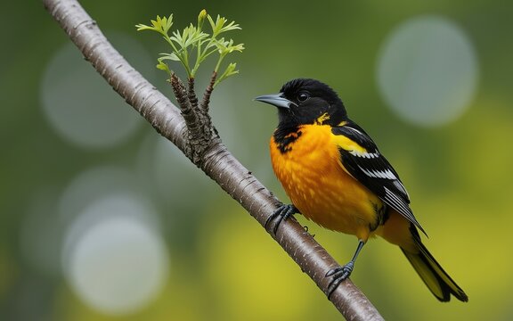 Baltimore oriole perched on a slender tree branch with green leaves