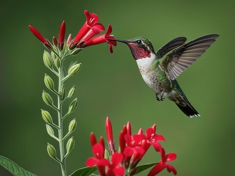 Ruby-throated hummingbird hovering and feeding on red firebush flowers