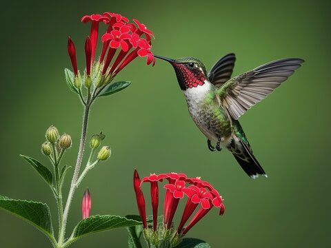 Ruby-throated hummingbird hovering at red pentas flowers