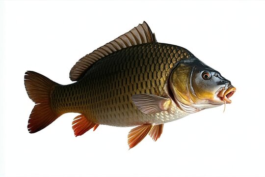 Side view of a common carp fish with golden scales isolated on white