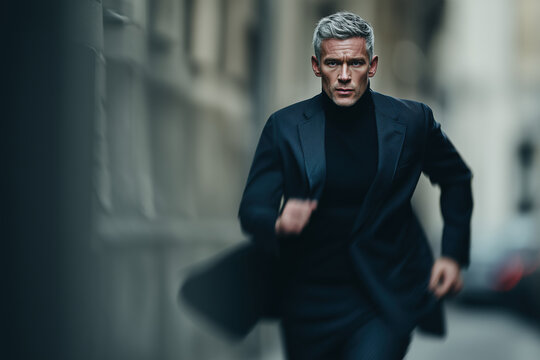 Businessman in a suit running toward the camera with a focused expression. Dynamic commercial portrait with motion blur background