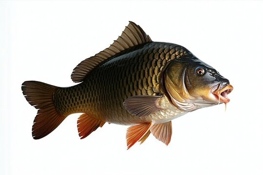 Side view of a common carp fish with golden scales on white background