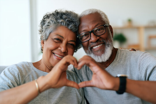 Happy diverse elderly couple smiling and making a heart shape with their hands