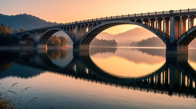 Concrete arched bridge over calm lake reflects in water surface during golden sunset. Mountains stand in background under orange sky. Scenic landscape view shows modern engineering structure