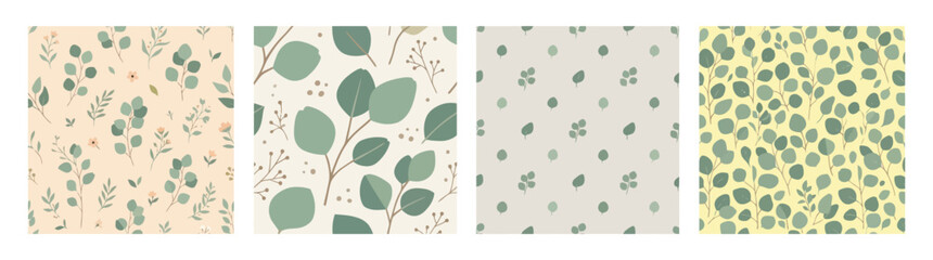 Seamless patterns collection with eucalyptus leaves and small floral elements in pastel colors. Botanical design. © kalimawafina
