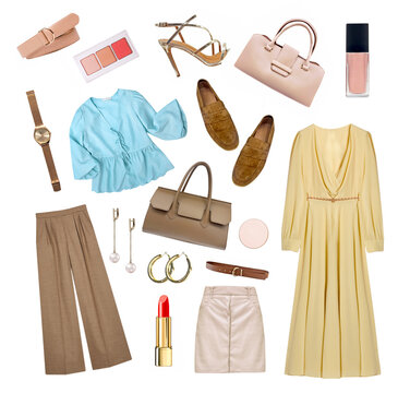 Female clothes set, women's fashion clothing collection isolated,  trendy garment.