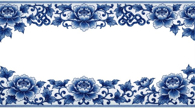 Blue and white porcelain border with floral peony scroll patterns. Traditional Chinese design frames blank space for text or images, elegant for invitations, cards, or decor.